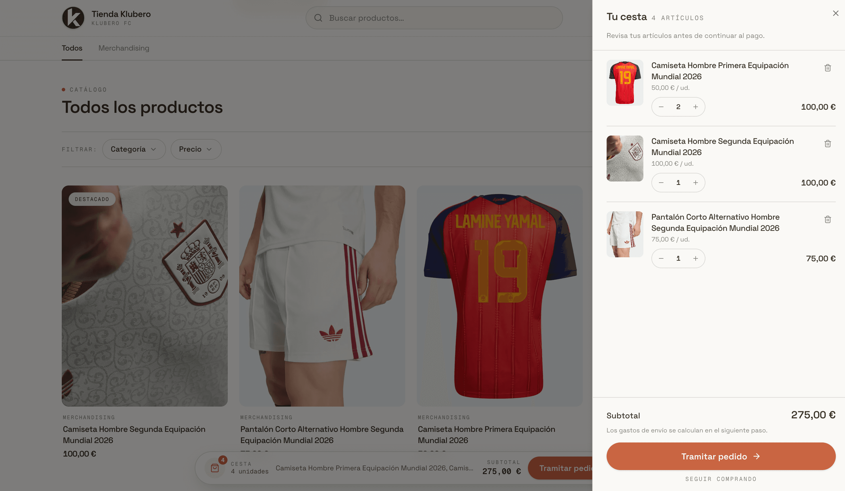 Detalle de un producto de la tienda online del club en Klubero, con variantes y pago seguro con Stripe