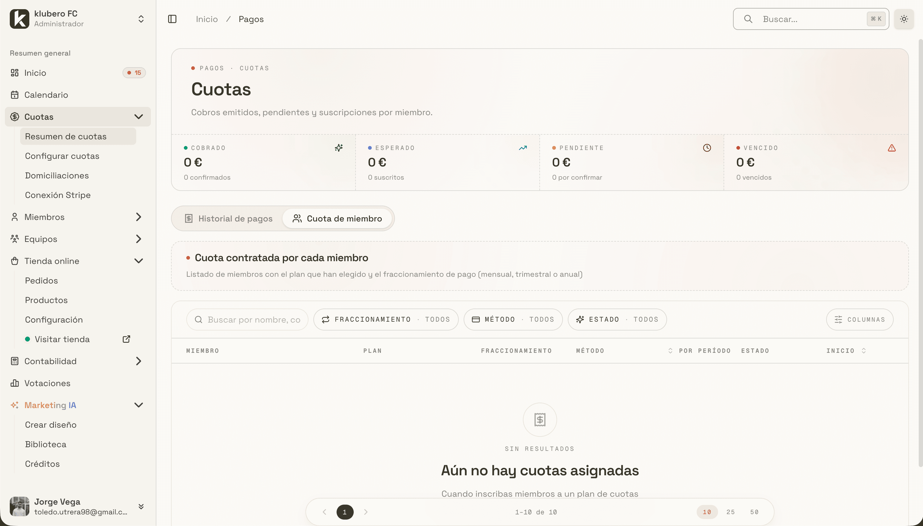 Panel de cuotas de Klubero con los cobros emitidos, pendientes y vencidos