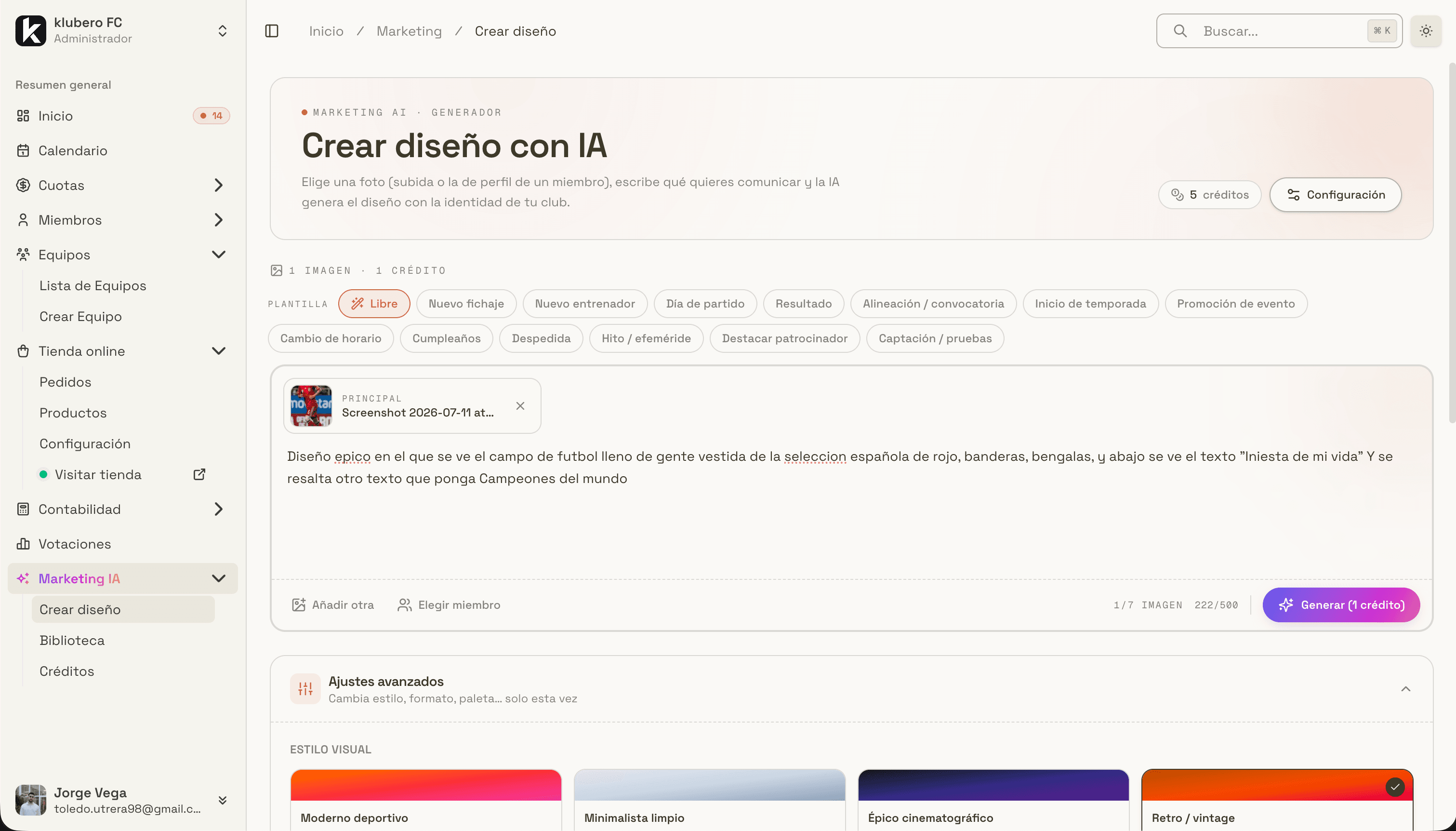 Generador de diseños con IA de Klubero: plantillas, foto principal y briefing libre