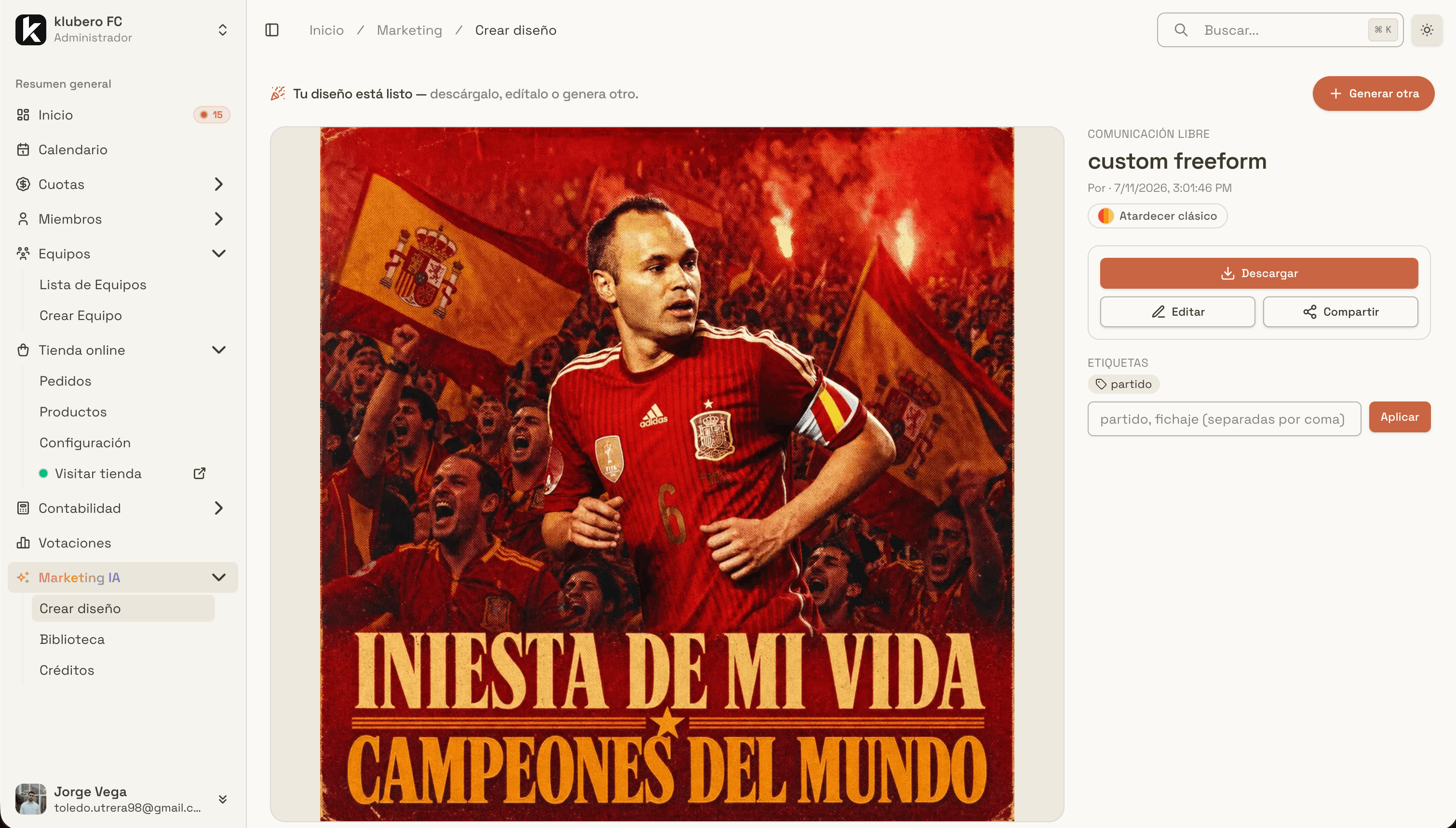Resultado de la generación con IA en Klubero: un cartel deportivo estilo retro listo para descargar