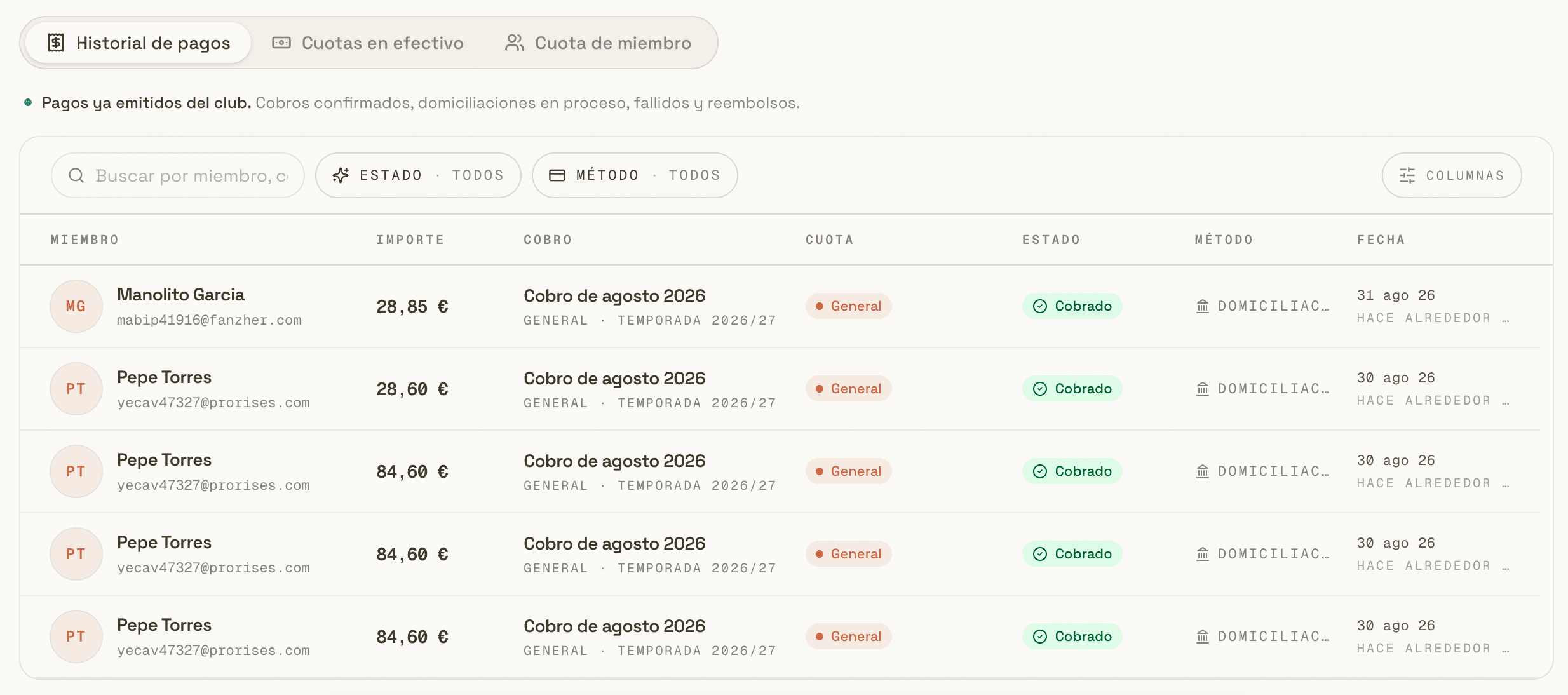 Panel de cuotas de Klubero con los cobros emitidos, pendientes y vencidos