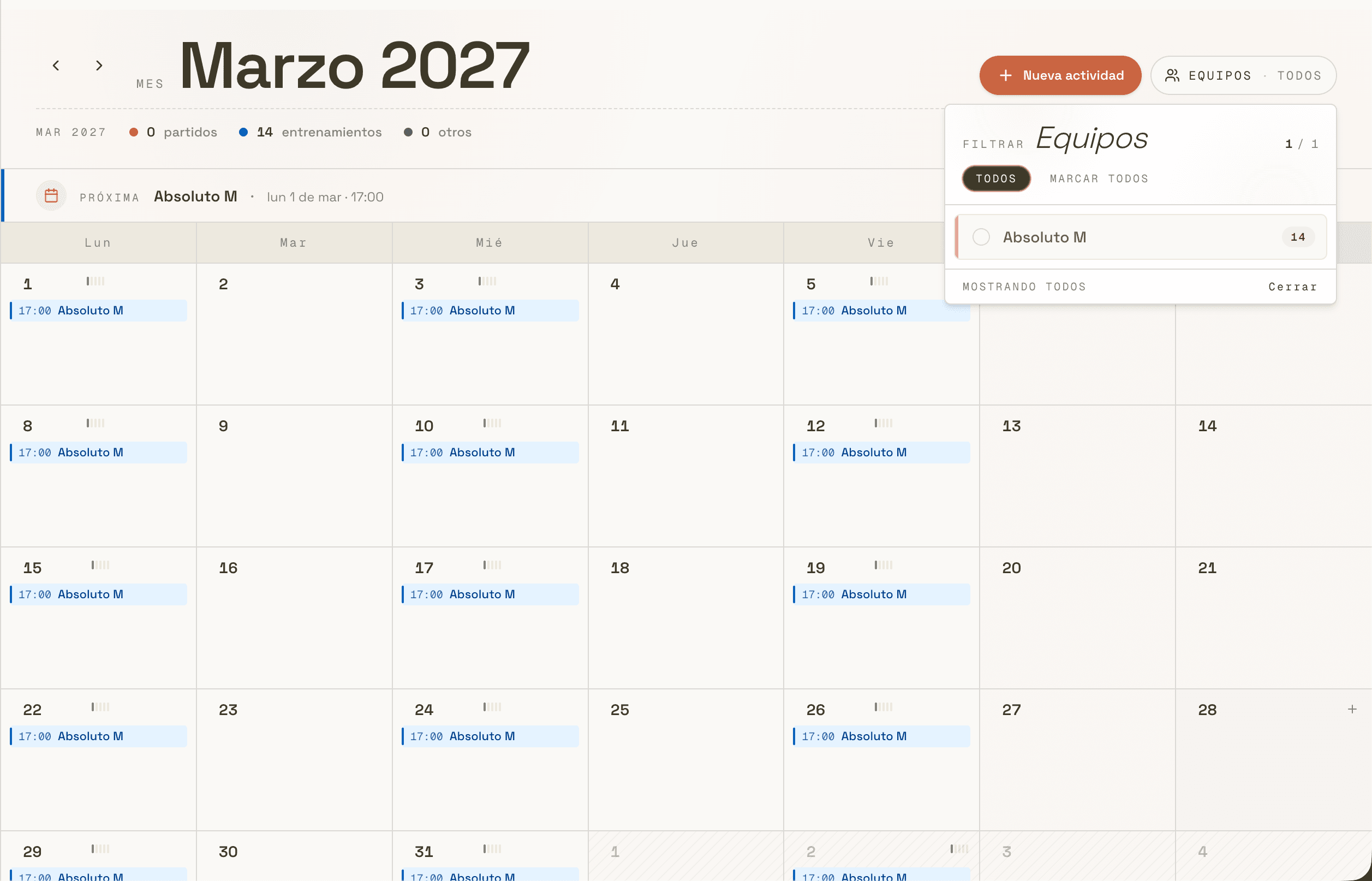 Calendario global del club en Klubero con partidos, entrenamientos y eventos
